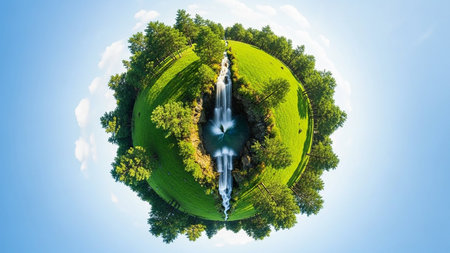 A tiny planet effect shows a green hill with a waterfall and trees under a bright blue sky.の素材