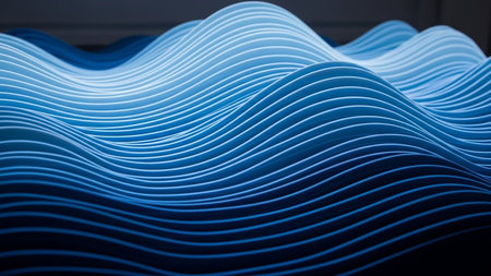 showing abstract blue wave pattern with glowing lines and dark depths. resolution use.の素材