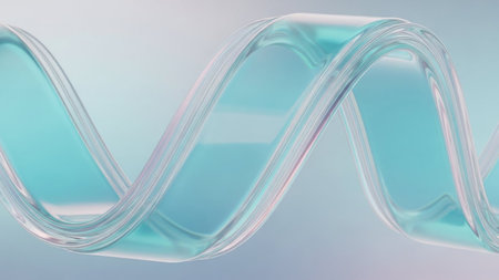 showing a flowing ribbon of transparent aquamarine glass twists and turns in a gentle wave pattern with subtle iridescent highlights and a...の素材