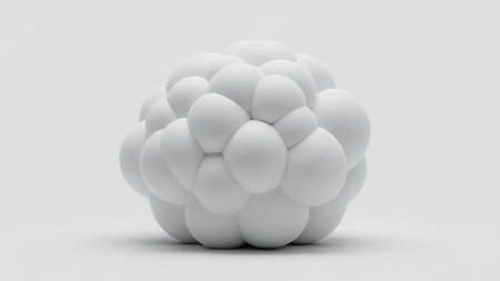 A tightly packed cluster of smooth, white spheres creates a rounded, organic abstract form against a light gray studio background with subtle shadows.の素材