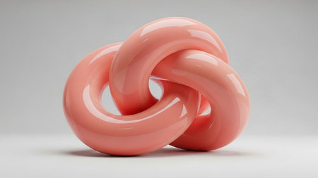 showing a complex knot formed by intertwined smooth glossy pink torus shapes on a light gray background. resolutionの素材