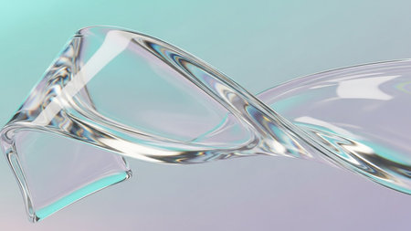 showing a ribbon of clear, transparent with iridescent refractions twists and flows with a soft, ethereal glow against a pastel gradient...の素材