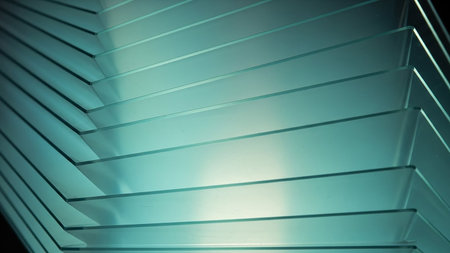 showing abstract arrangement of layered translucent glass panels with a gradient of teal and blue light creating a sense of depth and...の素材