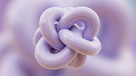 showing a complex interwoven knot of smooth glossy lavender torus shapes with a soft focus blurred purple background creating an abstract 3d...の素材