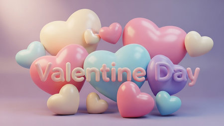A collection of soft pastel-colored 3D hearts in various sizes and shades of pink, blue, cream, and purple, with the words Valentine Day in matching...の素材