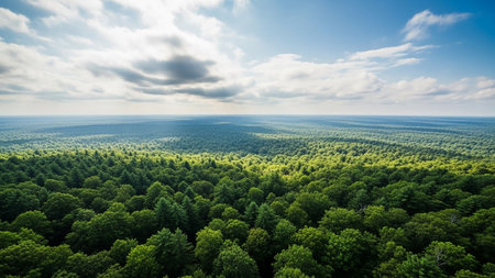 Aerial view of a vast, dense green forest canopy stretching to the horizon under a bright blue sky.の素材