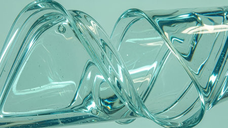 showing abstract swirling transparent blue glass or liquid form with bubbles and light reflections. resolutionの素材