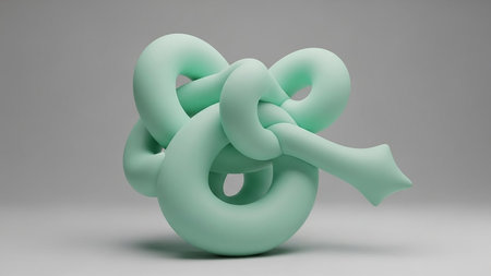 showing abstract mint green intertwined torus knot sculpture with arrow on light gray background. resolutionの素材
