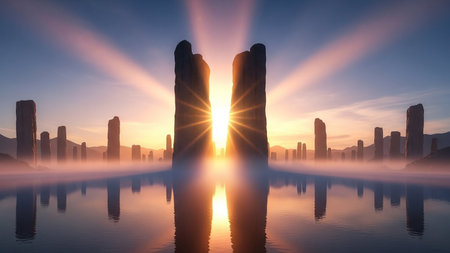 Towering stone monoliths frame a brilliant sunrise with sunbursts reflecting on calm water.の素材