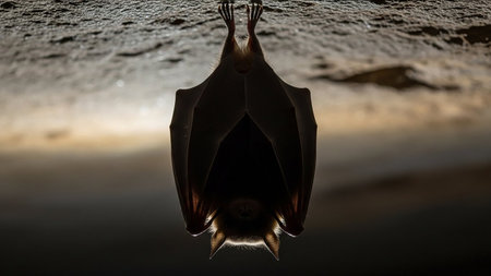 A bat hangs upside down in silhouette from a cave ceiling, its wings spread slightly.の素材