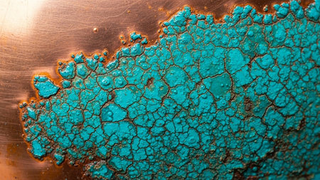 Turquoise showing close up of turquoise patina forming on weathered copper metal surface keywords: patina,...の素材