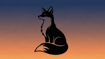 Evening showing black fox silhouette sitting against a gradient sunset sky keywords: fox, silhouette, animal,...の素材