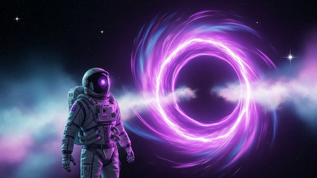 An astronaut stands in space near a swirling purple black hole anomaly with cosmic clouds and stars.の素材