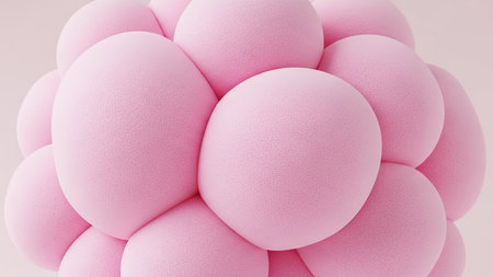 showing close up abstract cluster of soft pink spherical shapes with a matte texture and subtle surface grain creating a gentle organic form....の素材