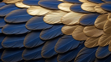 A detailed macro view of overlapping blue and gold bird feathers creating a textured pattern.の素材