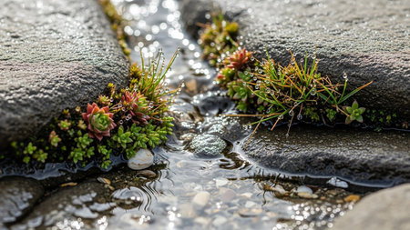 Tiny green plants with water droplets growing between wet stones with sunlight reflecting on the waterの素材