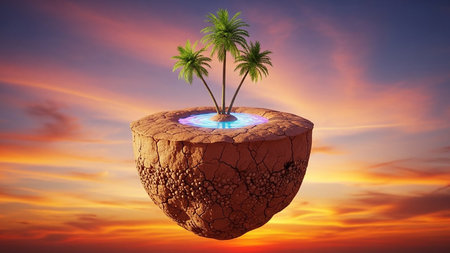 A surreal floating island with palm trees and glowing water set against a vibrant sunset skyの素材