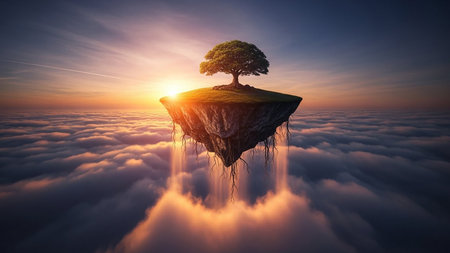 A surreal floating island with a single tree above a sea of clouds during a dramatic sunset.の素材