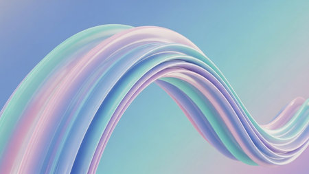 A flowing, iridescent pastel ribbon shape gracefully curves against a soft gradient background of blue and pink, with subtle highlights adding depth...の素材