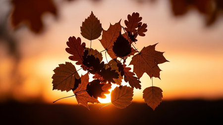 A cluster of autumn leaves are silhouetted against a bright, warm sunset sky. Clear details and vibrant colors...の素材