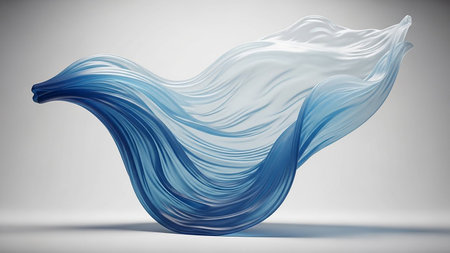 A translucent fabric sculpture in flowing waves of gradient blue and white, illuminated by soft light creating subtle shadows and a sense of movement.の素材