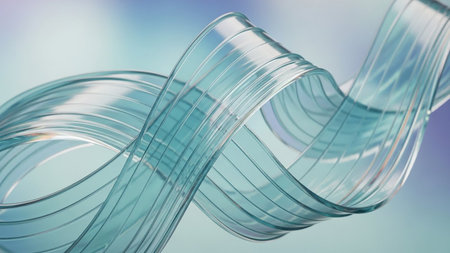 Transparent blue and teal ribbons flow and intertwine in a fluid abstract composition, reflecting light against a soft, blurred gradient background.の素材