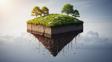 A surreal floating island in the sky showing a cross section of soil and roots Clear details and vibrant color...の素材
