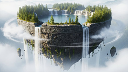 A surreal floating island with waterfalls cascading into mist below, adorned with ancient stone carvings.の素材