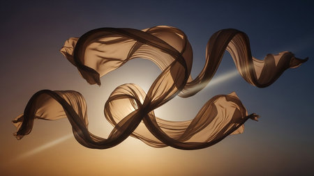 Translucent fabric flows in graceful curves against a gradient sky with sunset light rays.の素材