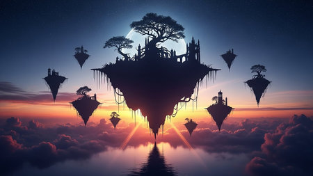 Islands showing fantasy floating islands with castles and trees against a sunset sky. High resolution image...の素材