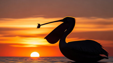 A pelican silhouette with its beak open stands in the water against a bright ocean sunset.の素材