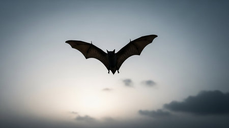 A bat's silhouette is captured in mid-flight against a hazy, cloudy sky during twilight.の素材