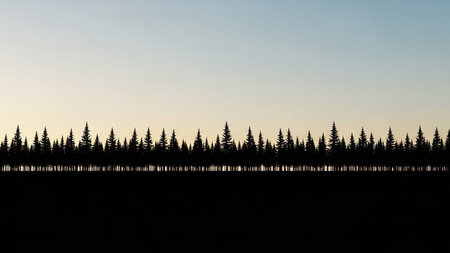 A solid black silhouette of a dense row of pine trees stretches across the horizon under a gradient sky.の素材