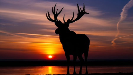Silhouette of a large moose with prominent antlers against a vibrant sunset sky reflected in water.の素材