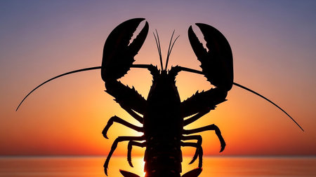A dark silhouette of a lobster stands out against a colorful sunset over the ocean.の素材