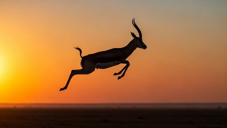 Silhouette of a gazelle leaping gracefully in the air against a vibrant orange sunset sky.の素材