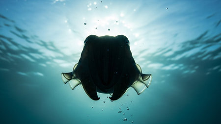Silhouette of a cuttlefish swimming underwater with bubbles and sun rays in blue waterの素材