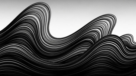 Abstract black and white wavy lines create a dynamic, flowing pattern with a sense of movement.の素材