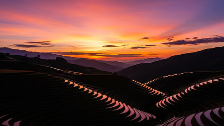 Illuminated terraced rice fields in a mountainous landscape reflect the vibrant colors of a sunset sky.の素材