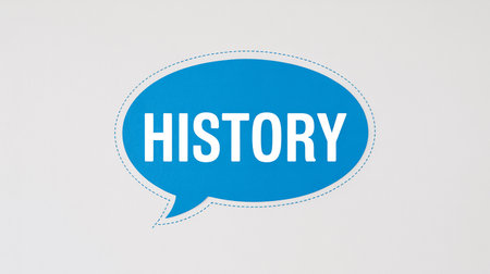 A blue speech bubble with the word HISTORY in white text on a light background. Clear details and vibrant colo...の素材