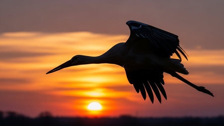 A stork is silhouetted in flight against a dramatic, fiery sunset sky. Clear details and vibrant colors enhanc...の素材