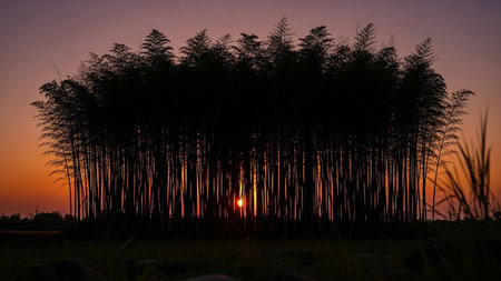 A dense bamboo forest is silhouetted against a sunset sky with the sun peeking through.の素材