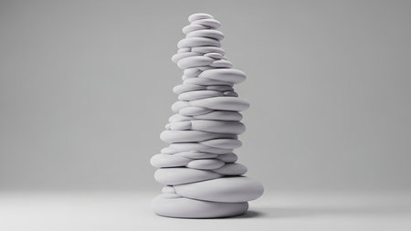 showing tall stack of smooth white oval shaped stones balanced vertically on a gray surface. resolution use.の素材