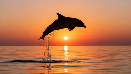 From showing dolphin leaping from the ocean at sunset with water splashing. High resolution image suitable...の素材