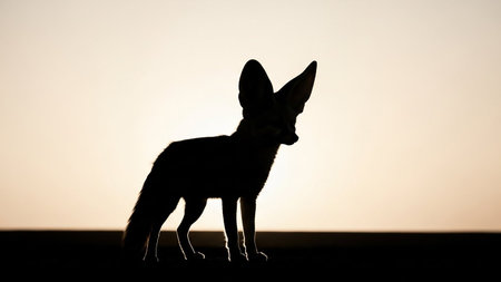 Silhouette of a fennec fox with prominent ears stands against a soft, pale sunset skyの素材
