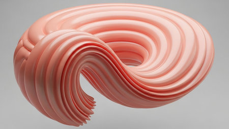 showing swirling pink ribbed abstract form with a smooth glossy finish on a gray background. resolution use.の素材