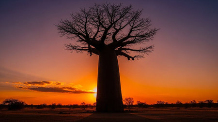 A majestic baobab tree stands in silhouette against a vibrant African sunset sky. Clear details and vibrant co...の素材
