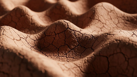 A close-up of a cracked dry earth surface forming undulating waves with deep, intricate fissures.の素材