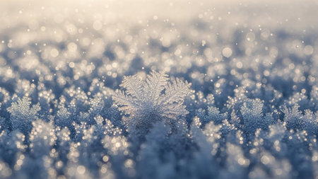 Macro photograph of a single, intricate snowflake surrounded by frosty crystals and soft bokeh lights.の素材