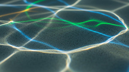 Colorful streaks of light refract and form abstract patterns on a dark, textured surface.の素材